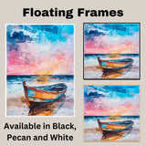Watercolor Painting of Colorful Wooden Rowboat on Sandy Beach with Sunset Reflections and Dramatic Sky over the Ocean on Ready to Hang 1.5" Thick Canvas Wrap, Floating Framed Canvas, Flat Rolled Canvas