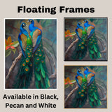 Elegant Peacock Pair Artwork Featuring Lush Green and Blue Feathers with Golden Accents Perched Gracefully Against a Soft Misty Forest Background on Ready to Hang 1.5" Thick Canvas Wrap, Floating Framed Canvas, Flat Rolled Canvas