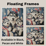 Red, White & Woof: Siberian Husky Mom with Two Puppies in a Patriotic Setting - Proud American-Themed Painting on Ready to Hang 1.5" Thick Canvas Wrap, Floating Framed Canvas, Flat Rolled Canvas