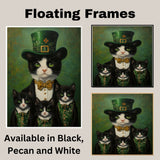 Luck of the Irish: Tuxedo Cat Mom and Four Kittens in Festive Green on Ready to Hang 1.5" Thick Canvas Wrap, Floating Framed Canvas, Flat Rolled Canvas