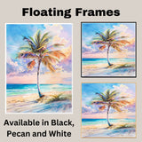 Tropical Beach Sunset with Colorful Palm Tree Watercolor Painting Ocean View on Ready to Hang 1.5" Thick Canvas Wrap, Floating Framed Canvas, Flat Rolled Canvas
