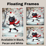 Christmas Wall Art Featuring Whimsical Black Cat Ice Skating with Red Scarf and Snowy Forest Background Cute Holiday Animal Illustration for Winter Home Decor and Gifts on Ready to Hang 1.5" Thick Canvas Wrap, Floating Framed Canvas, Flat Rolled Canvas