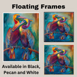 Colorful Pelican Pair Artwork with Rainbow Plumage and Long Beaks Perched Together on a Branch Against a Vibrant Teal Blue and Orange Tropical Background on Ready to Hang 1.5" Thick Canvas Wrap, Floating Framed Canvas, Flat Rolled Canvas