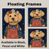 Charming Golden Doodle in Floral Overalls and Flower Crown Playful Dog Art for Nursery Kids Room Living Room Decor and Perfect Gift for Dog Lovers on Ready to Hang 1.5" Thick Canvas Wrap, Floating Framed Canvas, Flat Rolled Canvas