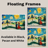 Folk Art of a Couple Dancing on a Snowy Christmas Night Beneath a Starry Sky in a Charming Winter Village on Ready to Hang 1.5" Thick Canvas Wrap, Floating Framed Canvas, Flat Rolled Canvas