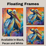 Radiant Pelican Pair Artwork with Bold Blue and Orange Plumage Perched on a Branch Against a Sunset-Inspired Abstract Background in Warm Tropical Hues on Ready to Hang 1.5" Thick Canvas Wrap, Floating Framed Canvas, Flat Rolled Canvas
