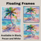Watercolor Painting of Palm Tree and Bicycle on Beach with Ocean Sunset Background on Ready to Hang 1.5" Thick Canvas Wrap, Floating Framed Canvas, Flat Rolled Canvas