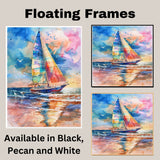 Watercolor Painting of Multicolored Sailboat on Ocean with Birds and Sunset Reflections in the Waves on Ready to Hang 1.5" Thick Canvas Wrap, Floating Framed Canvas, Flat Rolled Canvas
