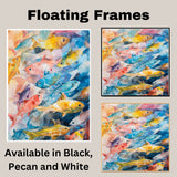 Colorful Watercolor Fish School Underwater Scene with Bright Tropical Marine Life in Abstract Ocean Palette on Ready to Hang 1.5" Thick Canvas Wrap, Floating Framed Canvas, Flat Rolled Canvas