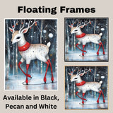 Whimsical Christmas Deer Ice Skating Winter Forest Illustration Red Scarf and Antlers Festive Animal Art Print for Holiday Decor Kids Room or Nursery on Ready to Hang 1.5" Thick Canvas Wrap, Floating Framed Canvas, Flat Rolled Canvas