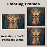 Painting of Two Cute Deer in Colorful Pajamas Standing Side by Side with Big Eyes and Smiling Faces in a Whimsical Setting with Bold Brush Strokes and Playful Colors on Ready to Hang 1.5" Thick Canvas Wrap, Floating Framed Canvas, Flat Rolled Canvas