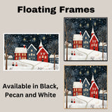 Charming Christmas Folk Art Village with Snowy Red and Blue Houses, Twinkling Stars, Snowfall, and Holiday Cheer on Ready to Hang 1.5" Thick Canvas Wrap, Floating Framed Canvas, Flat Rolled Canvas