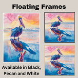 Colorful Pelican Watercolor Painting with Ocean Sunset and Reflected Shoreline View on Ready to Hang 1.5" Thick Canvas Wrap, Floating Framed Canvas, Flat Rolled Canvas