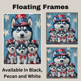Land of the Free: Siberian Husky Mom with Three Puppies in a Patriotic Tribute Inspiring American-Themed Painting on Ready to Hang 1.5" Thick Canvas Wrap, Floating Framed Canvas, Flat Rolled Canvas
