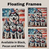 Stars & Stripes Siberian Style: Husky Mom with Cute 4th of July Puppies on Ready to Hang 1.5" Canvas Wrap, Floating Frame, or Rolled Canvas Print