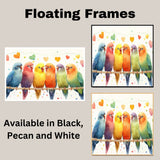 Watercolor Painting of Colorful Lovebirds on a Rope with Heart Accents — Vibrant Rainbow Birds Illustration in Playful and Whimsical Style on Ready to Hang 1.5" Thick Canvas Wrap, Floating Framed Canvas, Flat Rolled Canvas