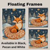 Cozy Winter Fox Canvas – Red Fox with Patterned Tail in Snowy Forest Under Stars and Golden Snowflakes on Ready to Hang 1.5" Thick Canvas Wrap, Floating Framed Canvas, Flat Rolled Canvas