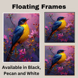 Yellow and Blue Songbird Resting on a Blossom-Filled Branch with Rich Purple and Pink Background on Ready to Hang 1.5" Thick Canvas Wrap, Floating Framed Canvas, Flat Rolled Canvas