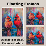 Pair of Red Cardinals on Branch – Vivid Brushstroke Style Painting with Expressive Background and Lifelike Bird Details in Bold Colors on Ready to Hang 1.5" Thick Canvas Wrap, Floating Framed Canvas, Flat Rolled Canvas