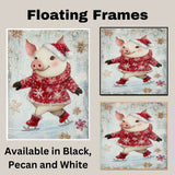 Whimsical Christmas Pig Ice Skating – Red Snowflake Sweater Holiday Animal Art Print, Festive Nursery Decor or Winter Farmhouse Gift on Ready to Hang 1.5" Thick Canvas Wrap, Floating Framed Canvas, Flat Rolled Canvas