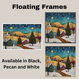 Charming Christmas Village with Decorated Tree and Golden Hills Under a Starry Night Sky in Whimsical Folk Art on Ready to Hang 1.5" Thick Canvas Wrap, Floating Framed Canvas, Flat Rolled Canvas