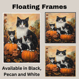 Autumn Whiskers: Tuxedo Cat Mom and Three Kittens with a Pumpkin in a Cozy Fall Setting on Ready to Hang 1.5" Thick Canvas Wrap, Floating Framed Canvas, Flat Rolled Canvas