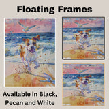 Watercolor Dog Running Through Surf with Flying Birds and Splashing Waves in Colorful Coastal Beach Scene Art Print on Ready to Hang 1.5" Thick Canvas Wrap, Floating Framed Canvas, Flat Rolled Canvas