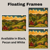 Charming Folk Art Landscape with Rolling Hills, Cozy Houses, and a Glowing Sunset Sky Full of Stars on Ready to Hang 1.5" Thick Canvas Wrap, Floating Framed Canvas, Flat Rolled Canvas