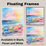 Watercolor Painting of Rainbow Colored Beach Chairs on a Peaceful Shoreline Overlooking a Vibrant Ocean Sunset Sky on Ready to Hang 1.5" Thick Canvas Wrap, Floating Framed Canvas, Flat Rolled Canvas