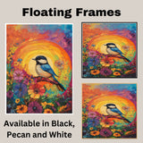 Chickadee Among Bright Wildflowers with Radiant Rainbow Sunburst Background on Ready to Hang 1.5" Thick Canvas Wrap, Floating Framed Canvas, Flat Rolled Canvas