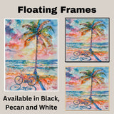 Watercolor of Palm Tree and Bicycle by Ocean Shore with Vibrant Sunset Sky on Ready to Hang 1.5" Thick Canvas Wrap, Floating Framed Canvas, Flat Rolled Canvas
