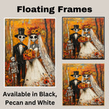 Skeleton Wedding Family in Autumn Forest – Día de los Muertos Folk Art with Bright Floral Accents on Ready to Hang 1.5" Thick Canvas Wrap, Floating Framed Canvas, Flat Rolled Canvas