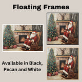 Santa Claus Sitting in Rocking Chair by Fireplace with Christmas Tree, Presents, Garland and Deer Mount in Rustic Cabin Style Holiday Living Room Scene on Ready to Hang 1.5" Thick Canvas Wrap, Floating Framed Canvas, Flat Rolled Canvas