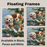 Two Baby Puppies in Scarves Sharing Hot Cocoa on Snowy Christmas Tree Branch with Ornaments and Lights Holiday Art Print for Nursery or Festive Decor on Ready to Hang 1.5" Thick Canvas Wrap, Floating Framed Canvas, Flat Rolled Canvas