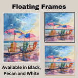 Watercolor Painting of Beach Chairs & Umbrellas by the Shore – Coastal Scene on Ready to Hang 1.5" Thick Canvas Wrap, Floating Framed Canvas, Flat Rolled Canvas