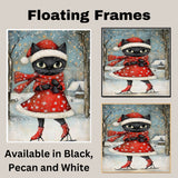 Christmas Wall Art Featuring Cute Black Cat in Red Santa Dress Ice Skating Through a Snowy Forest Whimsical Holiday Illustration for Winter Decor and Cat Lovers on Ready to Hang 1.5" Thick Canvas Wrap, Floating Framed Canvas, Flat Rolled Canvas