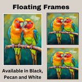 Vibrant Parakeet Pair Artwork Featuring Orange Yellow and Green Plumage with Blue Accents on a Branch Against a Smooth Brushstroke Teal and Olive Background on Ready to Hang 1.5" Thick Canvas Wrap, Floating Framed Canvas, Flat Rolled Canvas