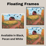 Autumn Farm Folk Art Print Featuring Red Barn Fall Trees Birds and Flowers Hand Painted Country Landscape Illustration for Cozy Rustic Wall Decor or Gift on Ready to Hang 1.5" Thick Canvas Wrap, Floating Framed Canvas, Flat Rolled Canvas