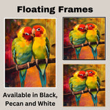 Affectionate Lovebird Pair Painting Featuring Vibrant Parrots in Red, Yellow, and Green Plumage Sharing a Tender Moment on a Branch in a Colorful Jungle Scene on Ready to Hang 1.5" Thick Canvas Wrap, Floating Framed Canvas, Flat Rolled Canvas