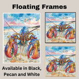 Watercolor Painting of a Colorful Lobster on a Rocky Beach with Ocean Waves and Dramatic Sky in Coastal Marine Style on Ready to Hang 1.5" Thick Canvas Wrap, Floating Framed Canvas, Flat Rolled Canvas