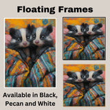 Whimsical Painting of Two Cute Skunks Wrapped in a Colorful Blanket with Sweet Expressions Perfect for Nursery Animal Lovers or Cozy Nature-Inspired Themes on Ready to Hang 1.5" Thick Canvas Wrap, Floating Framed Canvas, Flat Rolled Canvas
