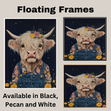 Highland Cow Wall Art Cute Cow in Overalls and Flowers Rustic Farmhouse Decor for Bedroom Nursery or Gifts for Animal Lovers and Country Home Fans on Ready to Hang 1.5" Thick Canvas Wrap, Floating Framed Canvas, Flat Rolled Canvas