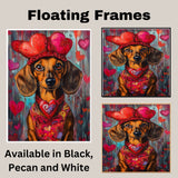Sweetheart Style: Dachshund in a Red Heart-Adorned Dress and Hat Delightful Romantic Painting on Ready to Hang 1.5" Thick Canvas Wrap, Floating Framed Canvas, Flat Rolled Canvas
