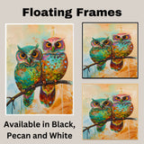Colorful Owl Pair Artwork Featuring Bright Multicolored Feathers and Big Orange Eyes Perched on a Branch with Playful Abstract Background in Warm Tones on Ready to Hang 1.5" Thick Canvas Wrap, Floating Framed Canvas, Flat Rolled Canvas