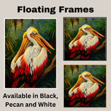 Pair of White and Red Pelicans with Golden Beaks Resting on a Jungle Branch Surrounded by Lush Tropical Foliage in a Vibrant Rainforest Setting on Ready to Hang 1.5" Thick Canvas Wrap, Floating Framed Canvas, Flat Rolled Canvas