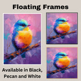 Color-Drenched Baby Bird Perched on a Branch with Deep Blues Vivid Yellows and Radiant Pinks for Nature Inspired Art and Whimsy Wall Aesthetics on Ready to Hang 1.5" Thick Canvas Wrap, Floating Framed Canvas, Flat Rolled Canvas