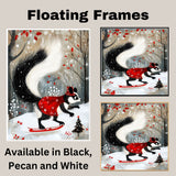 Whimsical Christmas Skunk in Feathered Hat – Red Cape Ice Skating Winter Animal Art Print, Elegant Holiday Woodland Decor, Cozy Christmas Nursery Wall Art on Ready to Hang 1.5" Thick Canvas Wrap, Floating Framed Canvas, Flat Rolled Canvas