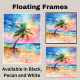 Watercolor Artwork of a Palm Tree on a Colorful Beach with Ocean Waves and Sunset Sky in Vibrant Tropical Hues on Ready to Hang 1.5" Thick Canvas Wrap, Floating Framed Canvas, Flat Rolled Canvas