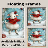 Whimsical Christmas Lamb Ice Skating with Red Sweater and Holly Crown – Sweet Winter Animal Illustration for Holiday Nursery Decor, Gifts, or Seasonal Joy on Ready to Hang 1.5" Thick Canvas Wrap, Floating Framed Canvas, Flat Rolled Canvas