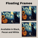 Black Cat Halloween Night – Spooky Pumpkin Patch Wall Art with Ghosts and Sunflowers on Ready to Hang 1.5" Thick Canvas Wrap, Floating Framed Canvas, Flat Rolled Canvas